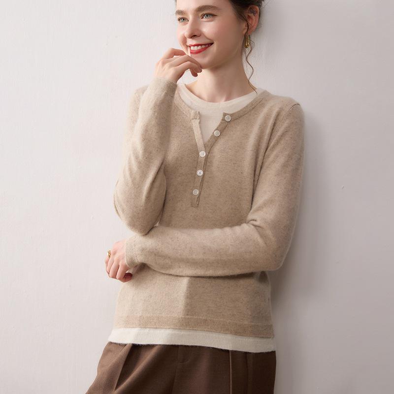 Women's Color Block Cashmere Sweater - 2025 Autumn/Winter Collection - Half-Open Round Neck Pullover