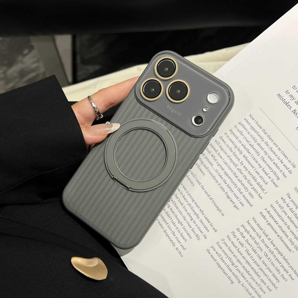 Applicable to iPhone17PROMAX silicone rotating magnetic bracket mobile phone case Apple 16 corrugated stripe large window