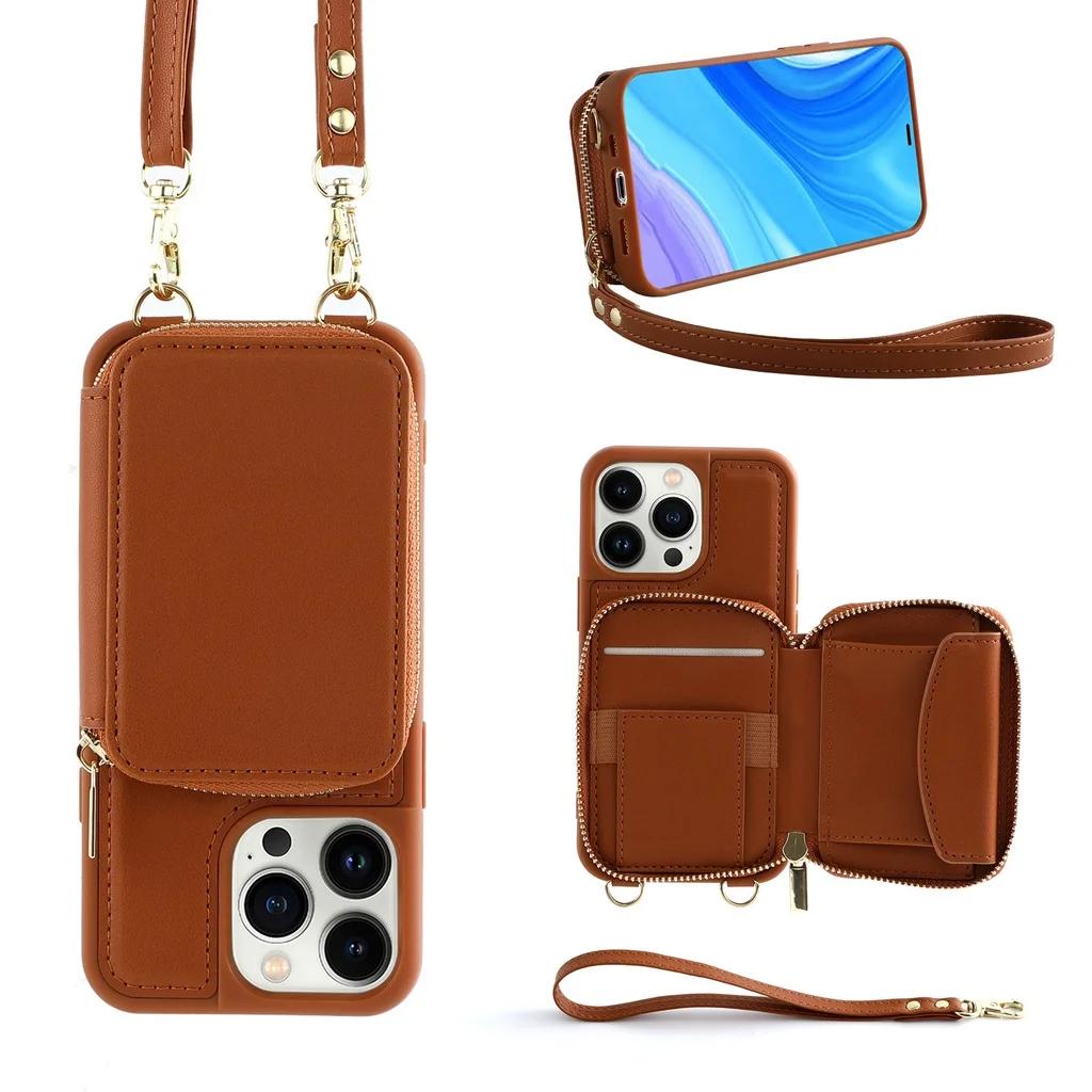 Crossbody Long Strap Leather Phone Case For iPhone 15 Pro Max 14 Plus 13 12 11 Pro Zipper Wallet Card Bag Cover with Lanyard