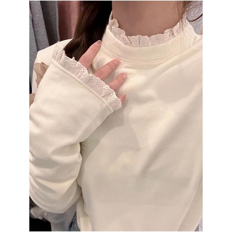 Lace Lace Half-high Neck White Inner Bottom Shirt Autumn and Winter Long-sleeved T-shirt Thick Top Women's Clothing