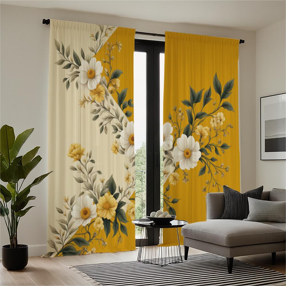 Piece Set High Definition Digital Printed Curtainyellow Background Floral Pattern White Yellow Flowers Green Curtain Made Of Polyester