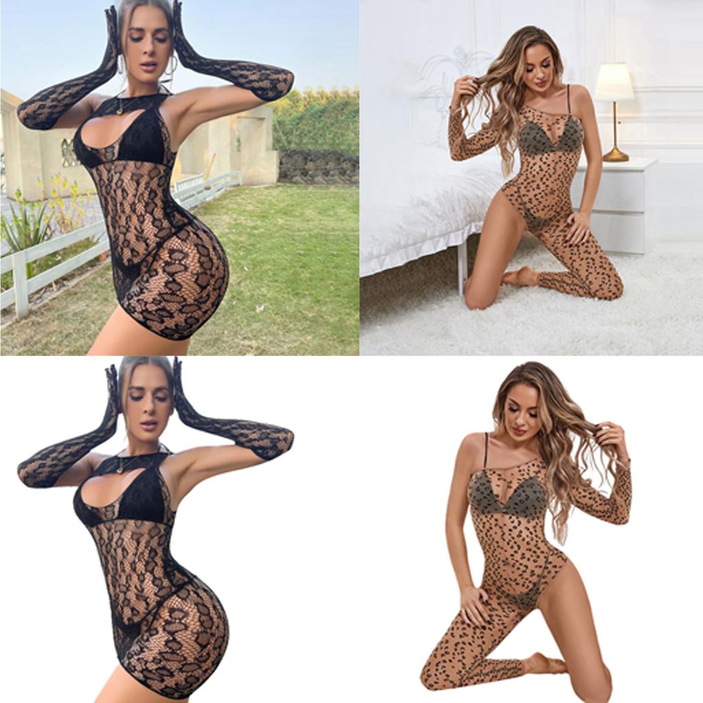 Women Long Sleeve Bodystocking Lingerie Leopard Fishnet Mesh Bodysuit Nightwear