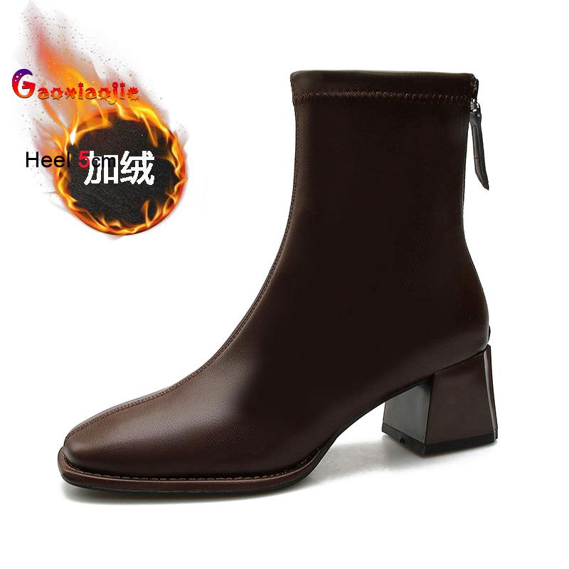 New High Heel Women's Boots Autumn Winter Plucked Mid-calf Boots Fashion Solid Color Soft Leather French Style Square Head Shoes
