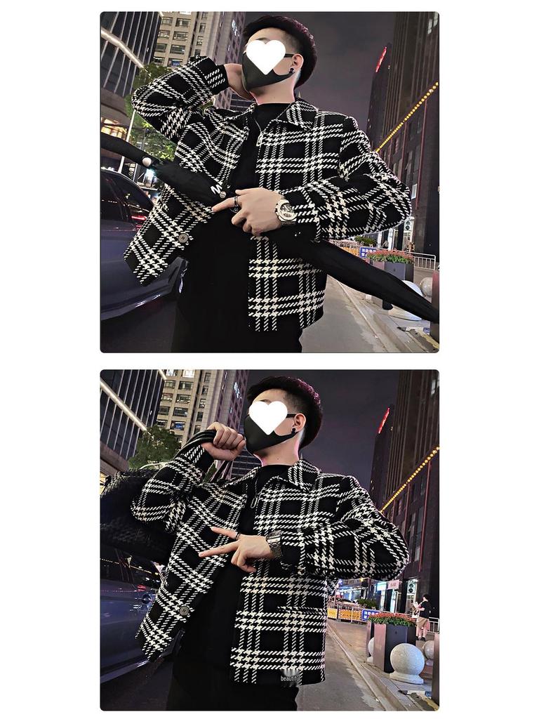 2025 Men's Autumn Plaid Jacket: Black & White Colorblock Outerwear for Young Men