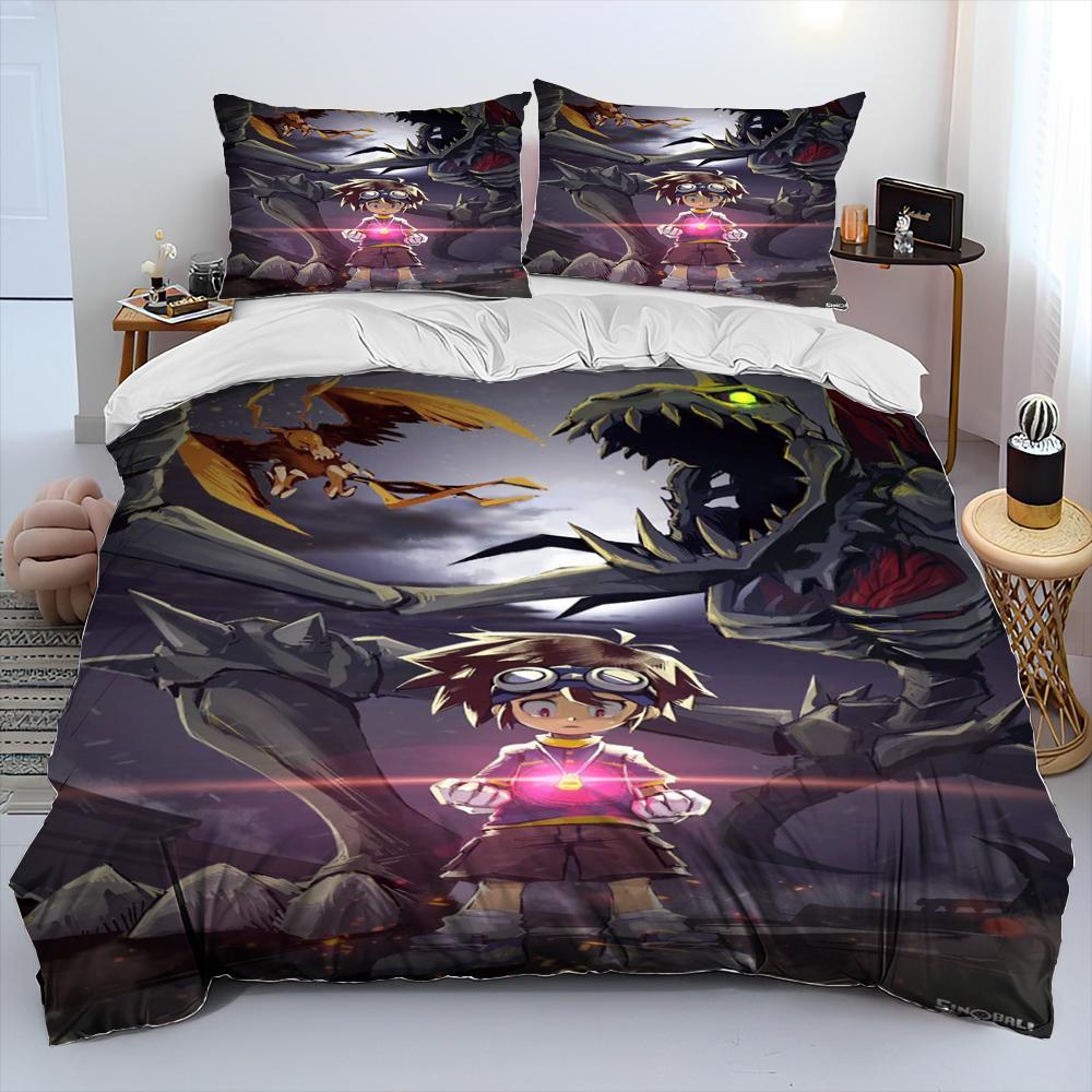 Digimon Adventure Monster Cartoon Comforter Bedding Set,Duvet Cover Bed Set Quilt Cover Pillowcase,king Queen Size Bedding Set