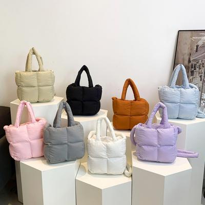 New Down Cotton Bag Women's Simple and Soft Checkered Messenger Bag Fashionable Small Square Bag Handbag
