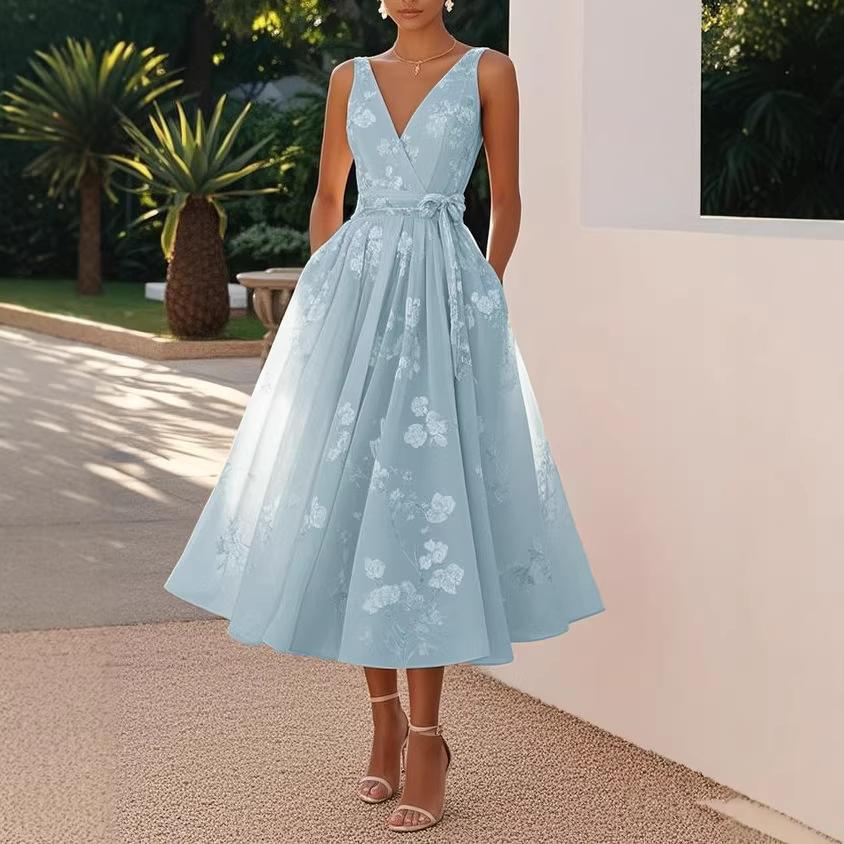 Women's V Neck Sleeveless Midi Prom Dress Slim Fit High Waist Floral Print Self Belt A Line Party Evening Dress