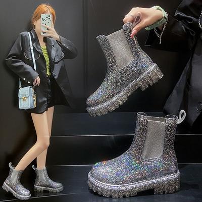Neue Damen Stiefeletten Glänzende Farbe Mode Regenstiefel Vier Jahreszeiten Tragbar Wasser Mittelhohe Stiefel Damen Outdoor Wasserdicht