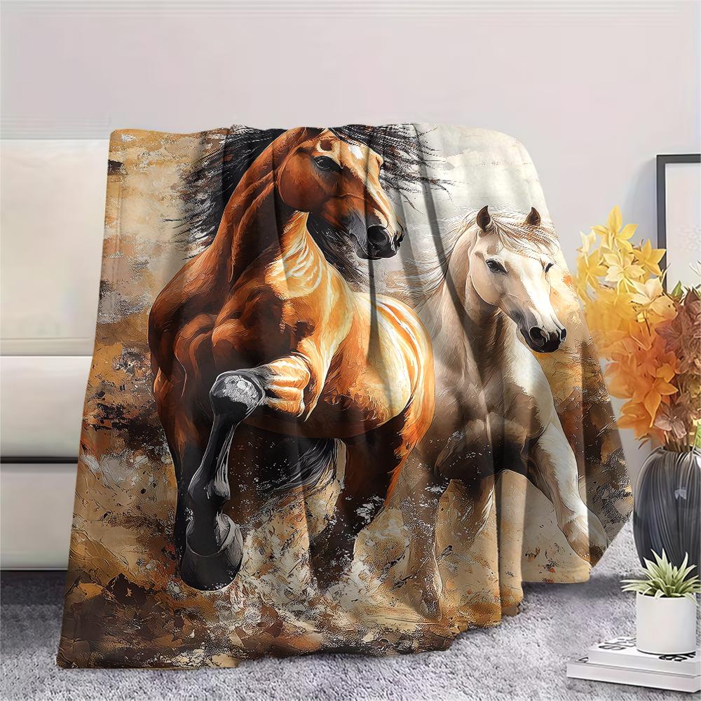 1Pc Horses Painting Print Flannel Blanket, High Quality Comfortable for All Seasons, Home Decor, Warmth and Comfort, Perfect for Christmas Gifts