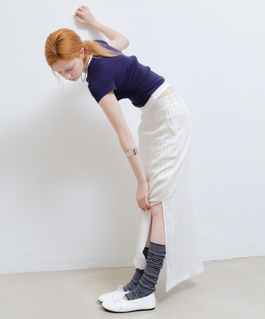 Nigaennikol Linen Stripe Long Skirt_Ivory