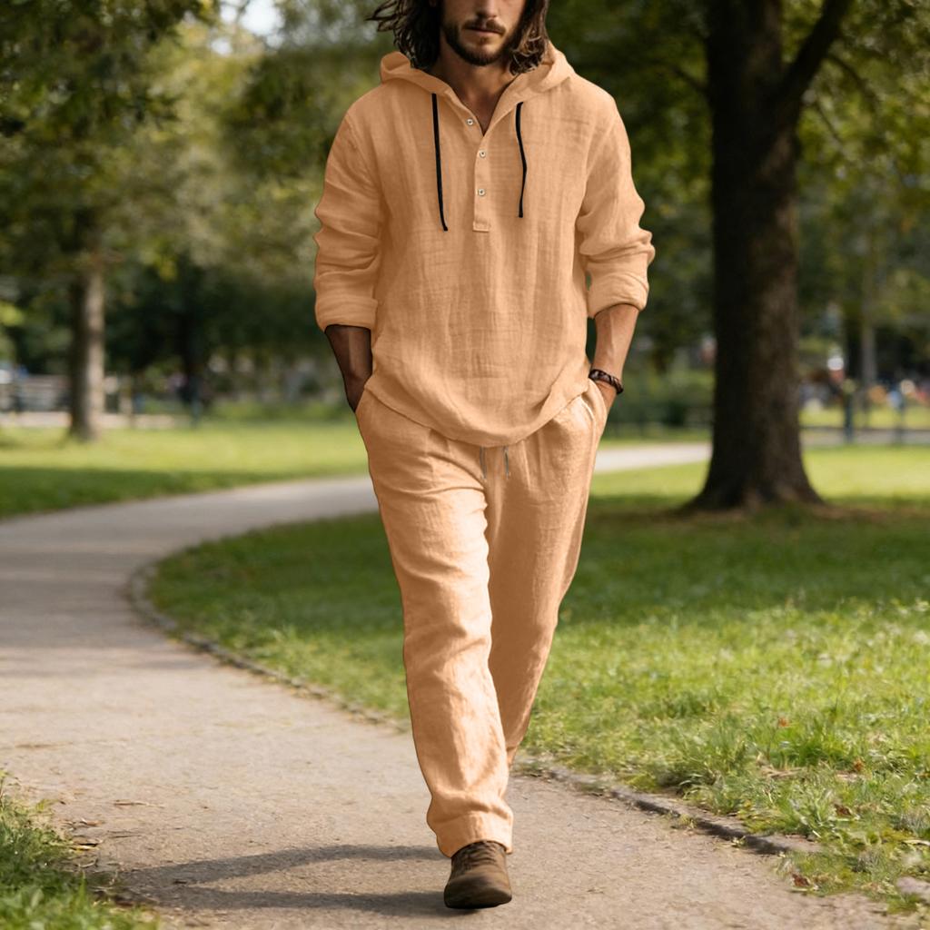 Herren Leinen Freizeit Set, Knopfhemd Elastische Taille Kordelzug Locker, Passende Hose Bequem Zwei-Teile-Set