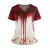 Women's Halloween Print V Neck Short Sleeve Nurse Top with Dual Pockets and Side Slits Medical Uniform Shirt for Caregivers