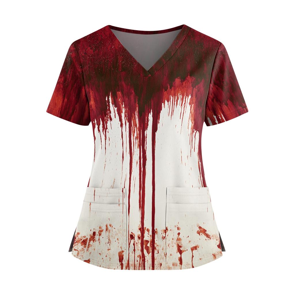 Women's Halloween Print V Neck Short Sleeve Nurse Top with Dual Pockets and Side Slits Medical Uniform Shirt for Caregivers