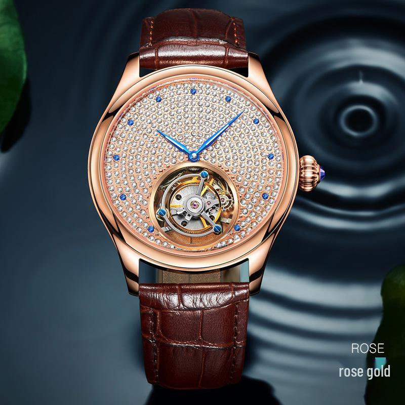 Men's Swiss Movement Waterproof Mechanical Watch with Diamond-Set Skeleton Design and Leather Strap