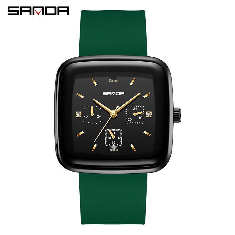 Sanda Square Men's & Women's Quartz Watch with Silicone Strap, Six Hands, Waterproof, Bar Markers, Fashionable Design