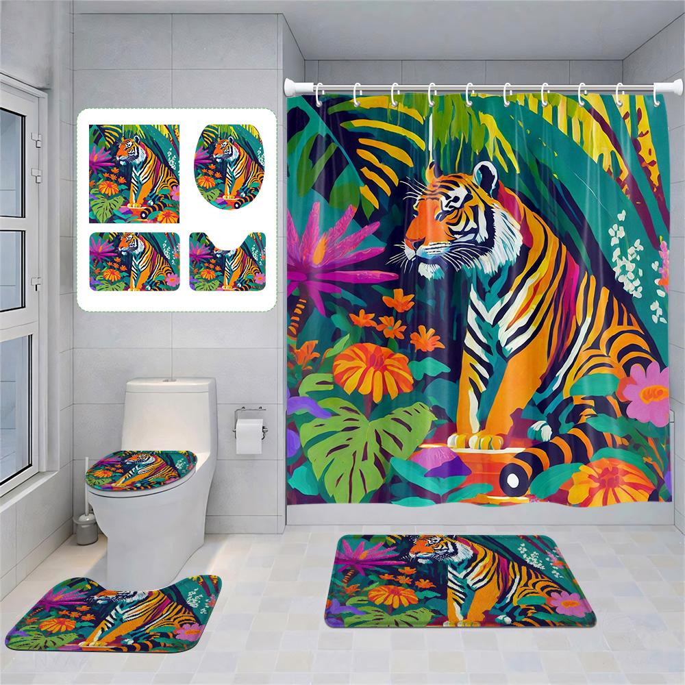 Animal Theme Printed Shower Curtain Suit Polyester Moisture-Proof Bathroom Curtain Bathroom Accessories Non-Slip Floor Mat