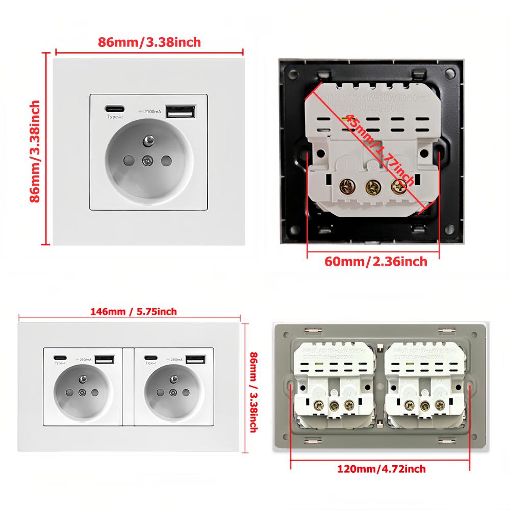EIOMR France Standard Power Socket, Single Double AC 100~250V 16A White Black Wall Type-C Usb Plugs Outlet for Home Office