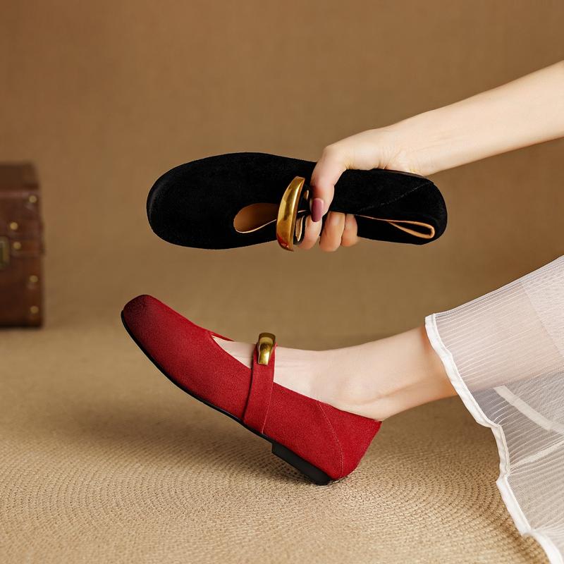 Fashion Women's new leather cow suede metal accessory belt buckle round toe low heel Mary Jane shoes fashionable casual single shoes