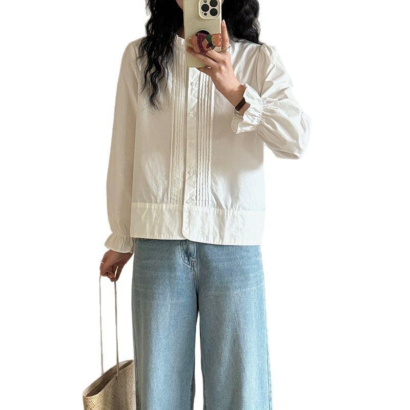 Fungus Collar White Shirt Women's Long-sleeved Spring Organ Pleated Design Top Small Cotton Shirt