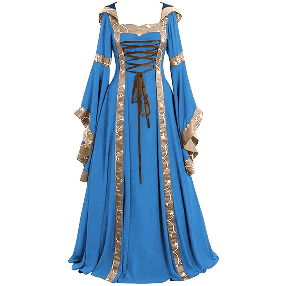 European and American Medieval Retro Hooded Dress Square Collar Lace-up Horned Sleeve Large Swing Dress Halloween Dress Cosplay Costume