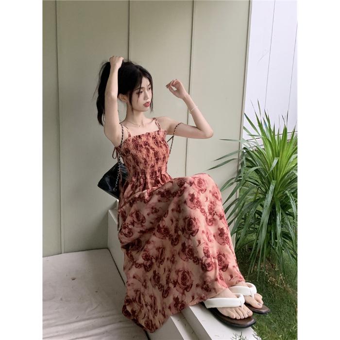 Retro Floral Spaghetti Strap A-line Dress - High Waist, Seaside Resort Style for Petite Women S красный