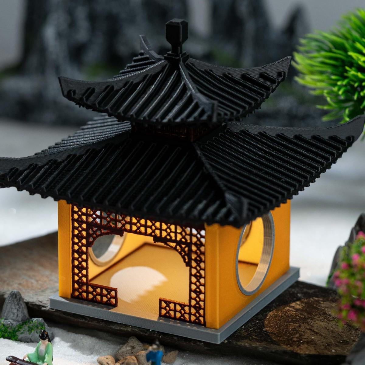 Chinese Pavilion & Tower Set with Ornaments: Rockery, Aquatic, Terrestrial Bonsai Simulation for Fish Tanks Fishing Platform without Light