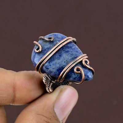 Anillo de regalo hecho a mano con envoltura de alambre de cobre y piedra preciosa de sodalita natural, tamaño 6 F5i88