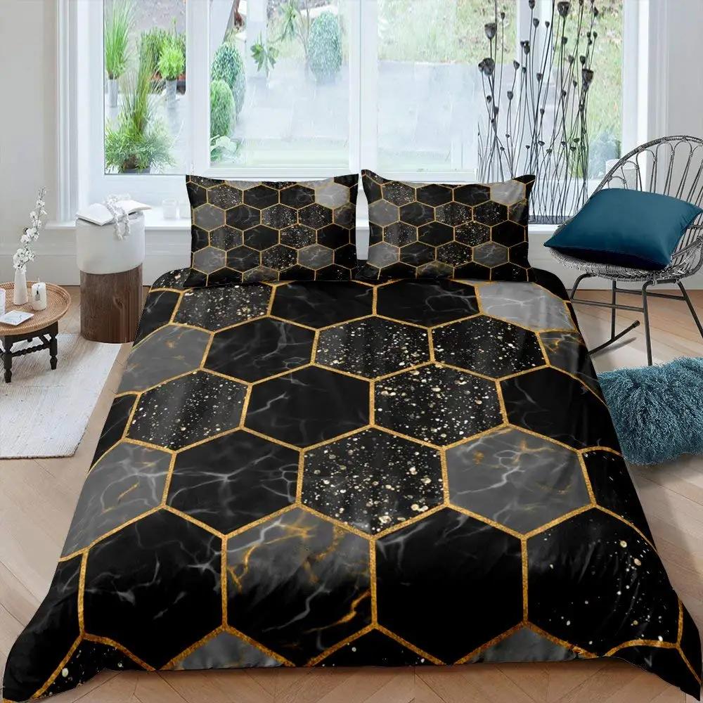 Sechseckige Bettbezug-Set Wabenmarmor Bettdeckenbezug-Set Bienenstock Sechseck Batik King Size Geometrisches Diamant-Bettwäscheset