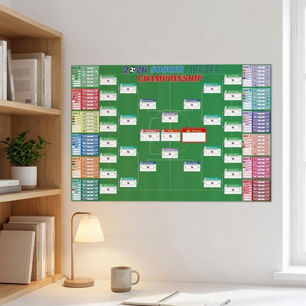 Harmonogram Turnieju Mistrzostw Świata w Piłce Nożnej 2026 Plakat Ścienny Duży Format Schemat Turniejowy do Śledzenia Wydarzeń i Zapisywania Wyników Meczów