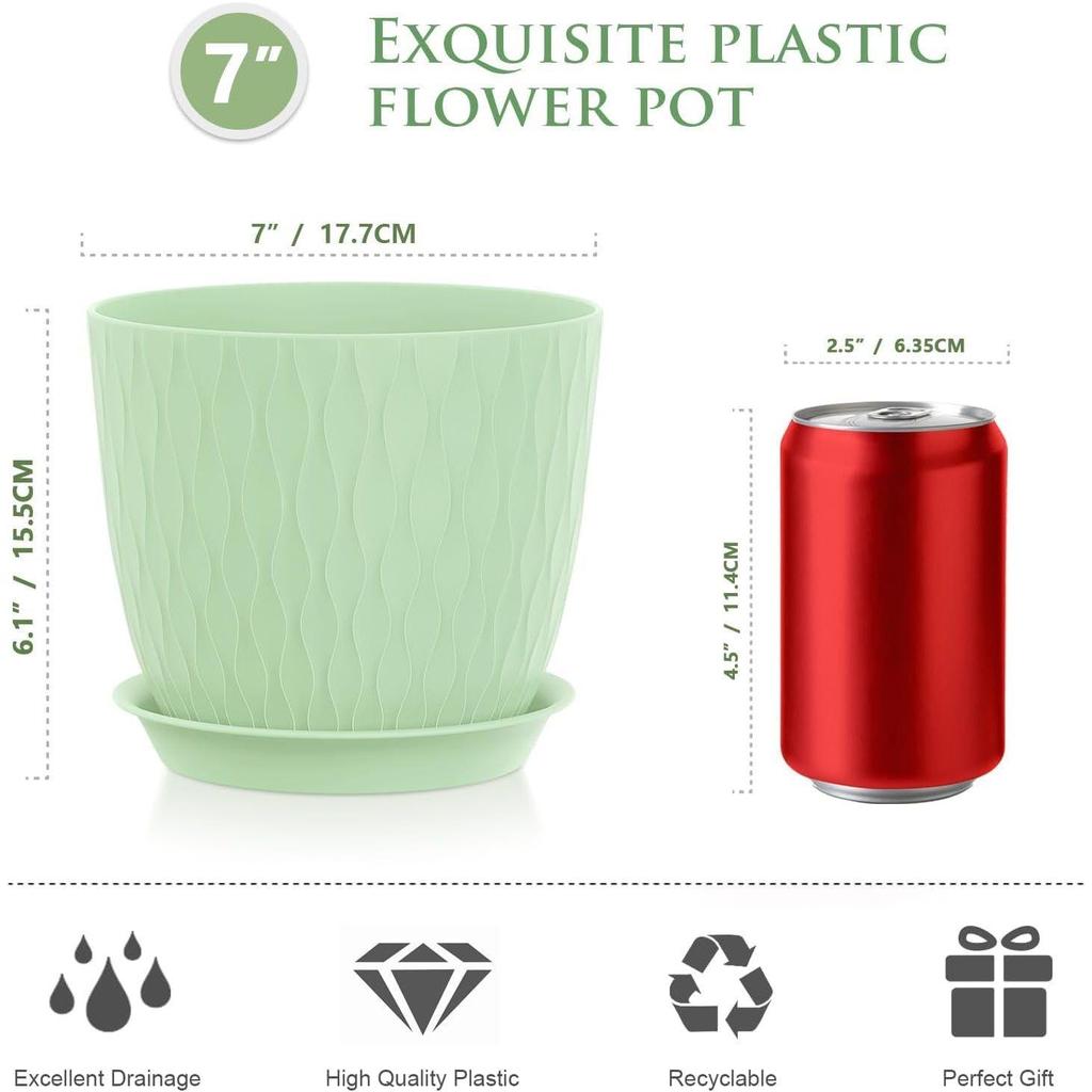 Pack of 5 6 Inch Plastic Flower Pots for Indoor & Outdoor Terrace,Garden Plants Decorative Planters with Drainage Holes & Matching Saucers Durable