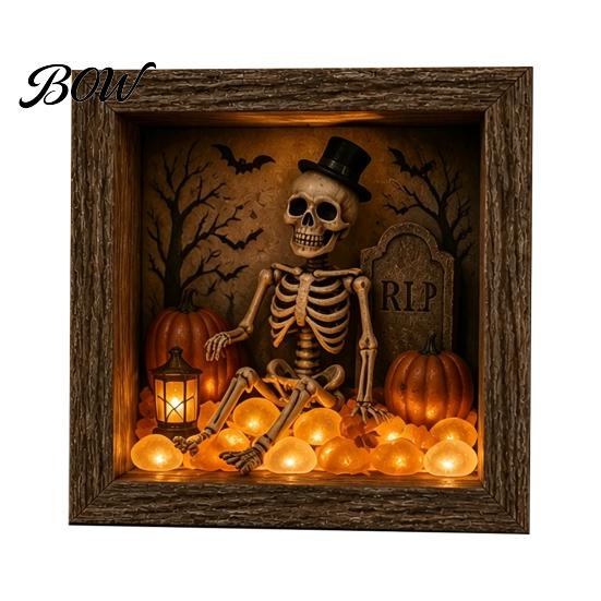 Carved Halloween Figures Lighted Frame Ornaments, Light Up Shadow Box, Warm Decorative Accents Atmosphere LED Lights for Home Living Room Bedroom