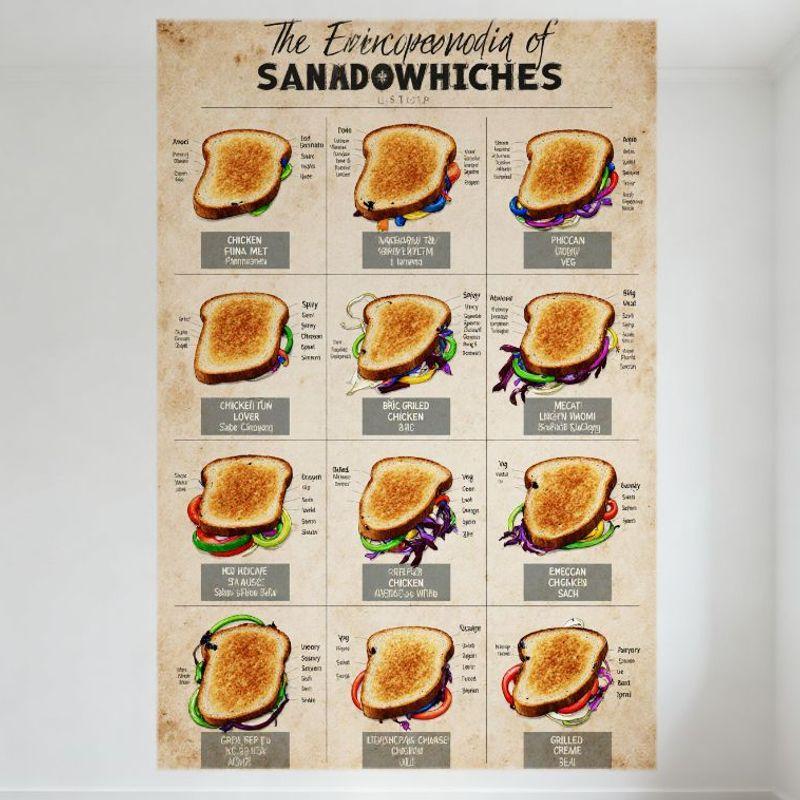 

Vintage Encyclopedia of SANADOWHICHES Sandwiches Tin Sign Retro Food Infographic Wall Decor for Cafe Restaurant Man Cave Home 20x30cm（7.8x11.8inch）