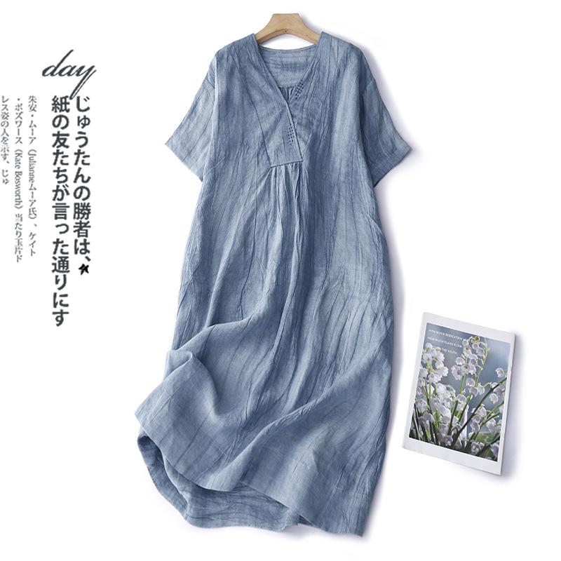 Real Shot Summer New Cotton and Linen Literary and Retro Medium and Long Short-sleeved Dress Women