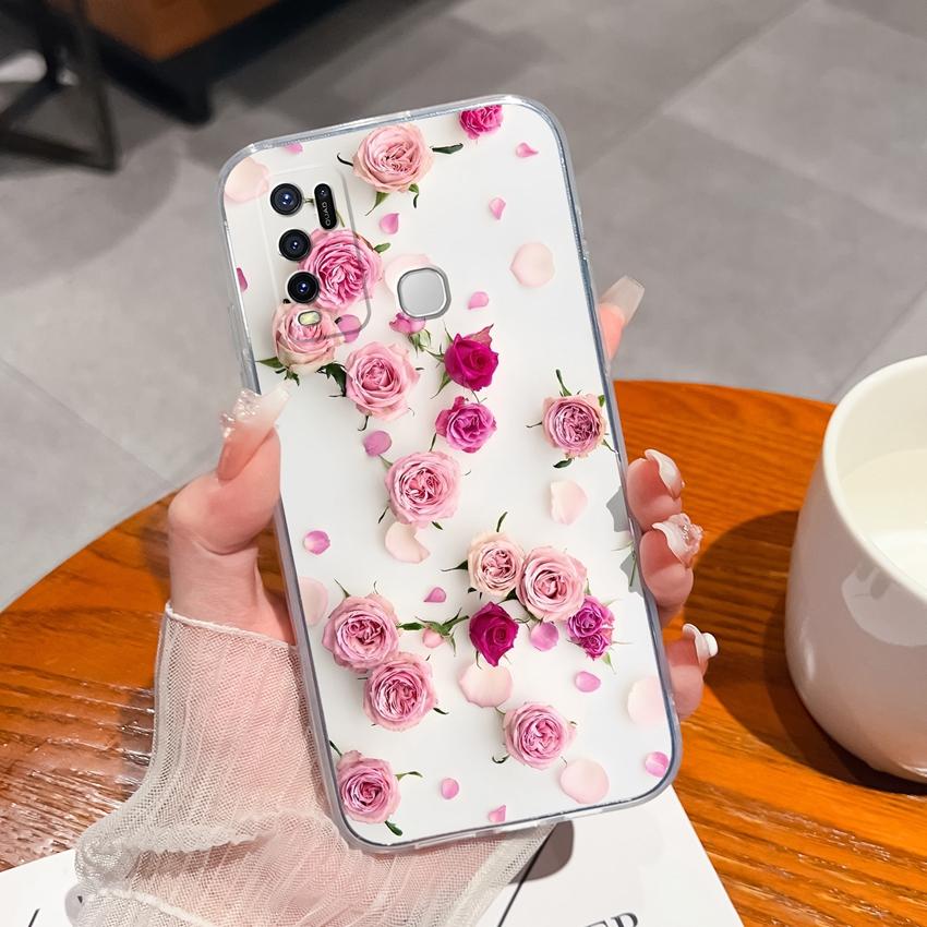For Vivo Y91C Y67 Y91 Y75 Y78 Y50 Y73 Y55 Phone Casing Beautiful Black Flowers Patterns Transparent Silicone Shockproof Protective Shell For Vivo Case