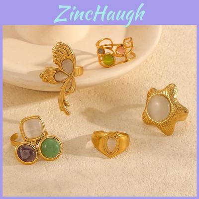 French Vintage Natural Stone Titanium Steel Ring For Women With Cat Eye Effect And Geometric Design