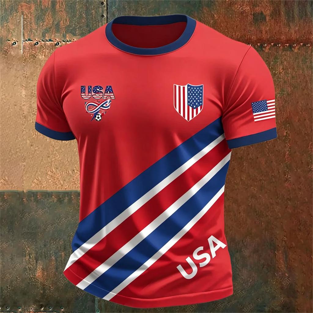Men’s USA Football Print Crew Neck Classic Fit Short Sleeve T-Shirt with Striped Shield and Flag Design for Sports Fans