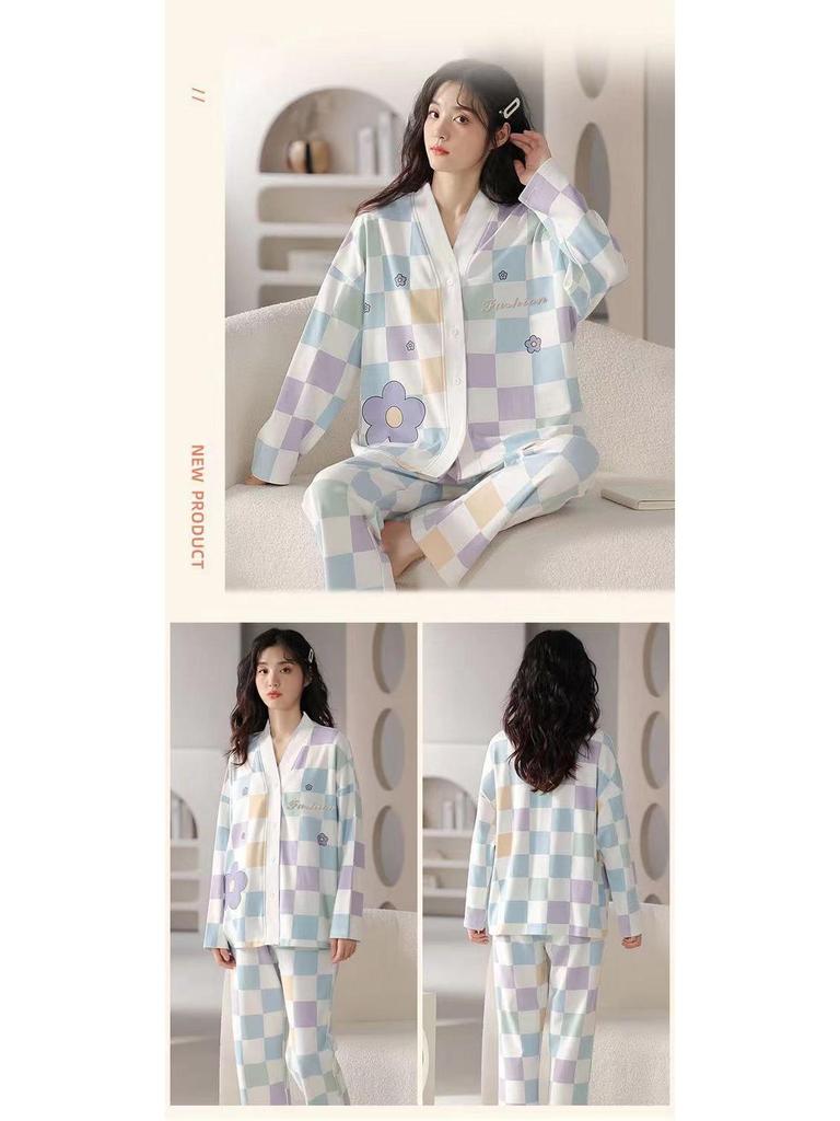 Autumn V-Neck Women's Pajamas Set: Cute Long-Sleeve, Plus-Size Homewear for Spring/Autumn.