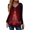 Women's Fashion Casual Christmas Tree Print V-Neck Decorative Button Long Sleeve T-Shirt Top
