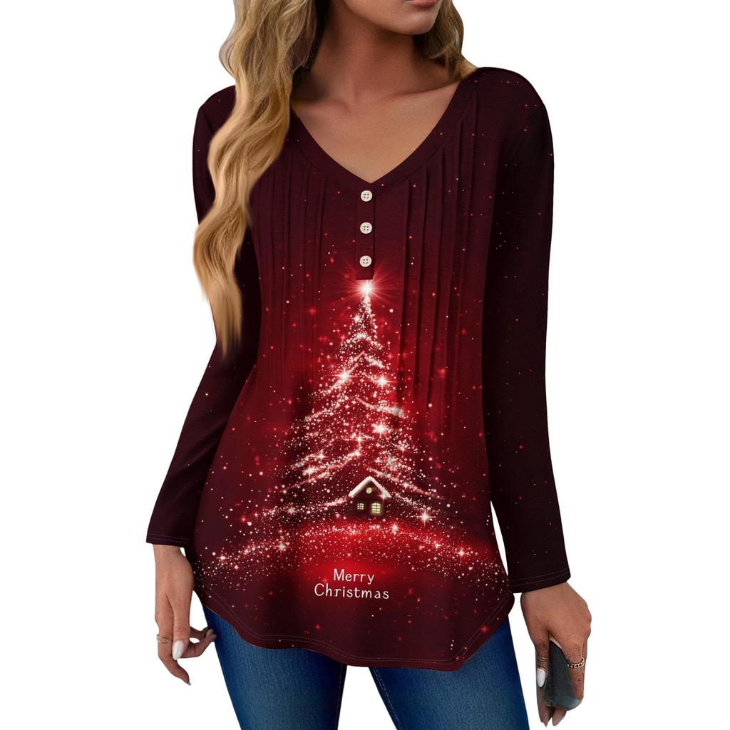 Women's Fashion Casual Christmas Tree Print V-Neck Decorative Button Long Sleeve T-Shirt Top