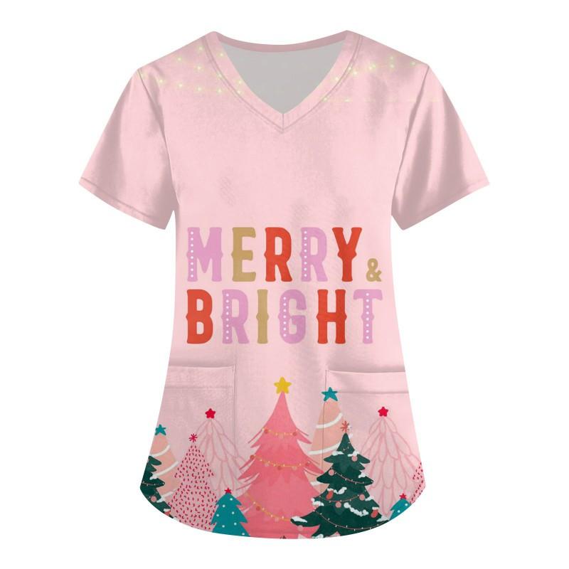 V-Neck Short Sleeve Nursing Scrub Top Women Fashionable Casual Workwear With 3D Print Design Slim Fit 2025 Collection