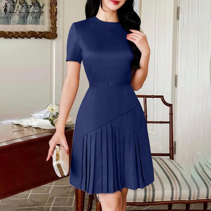 ZANZEA Women Casual Round Neck Summer Short Sleeve Dress