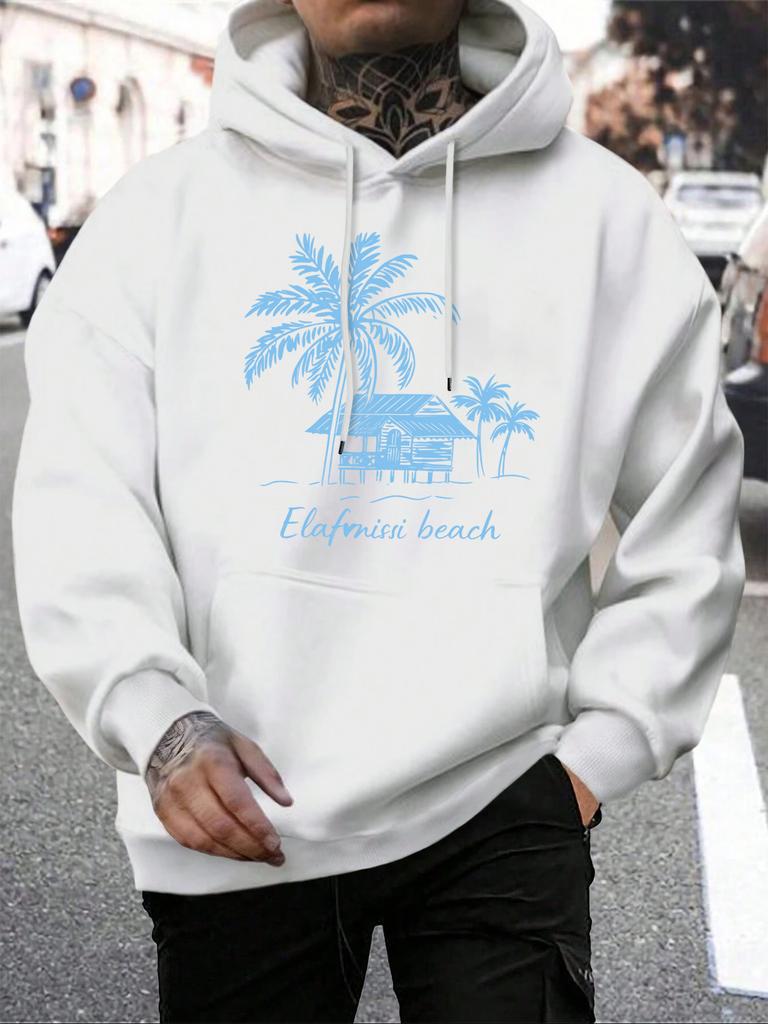 Beach Coconut Trees Creative Printed Men Hoodies Multicolor Loose Hoody Autumn Fleece Streetwear Pocket All-Match Unisex Tops