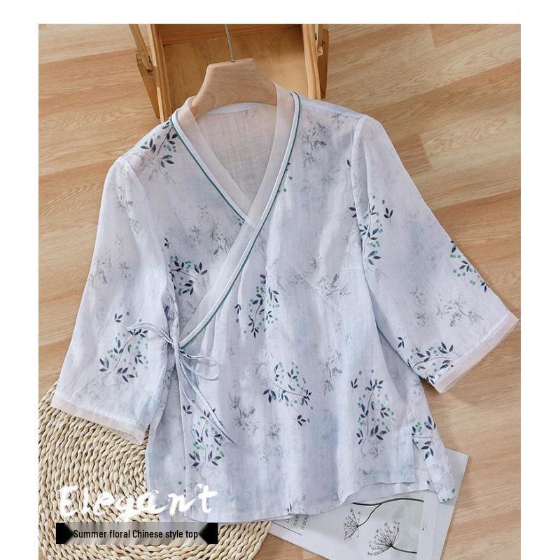 

2026 Summer New Women s Loose Ramie Top - Chinese Style Lace-up Three-Quarter Sleeve Artistic Tea Ceremony Shirt L светло-синий