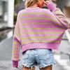 Ladies Autumn Winter Lantern Sleeve Round Collar Striped Pullover Warm Knitted Sweater Knitwear Top
