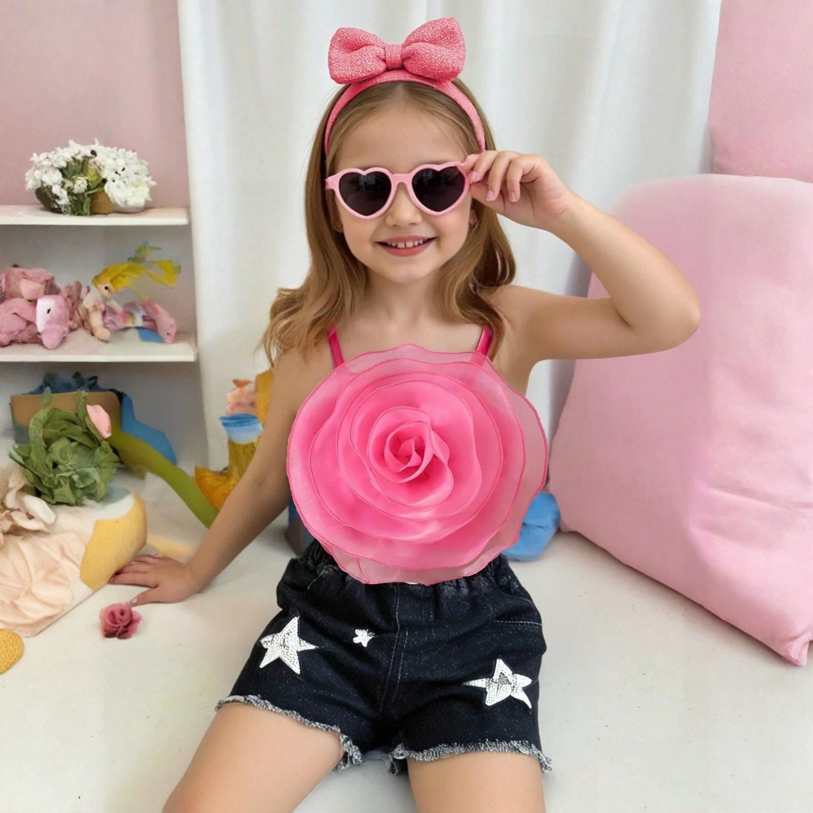 

Girls Stylish 3D Flower Strappy Top & Star Embroidered Denim Skirt Set 130 розовый