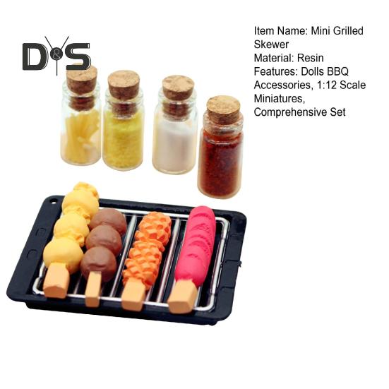 Mini Zestaw Szaszłykowy do Grilla Miniaturowe Jedzenie Akcesoria do BBQ Żywica Mini Grillowana Kiełbasa Taca do Grilla Butelki na Przyprawy dla 1:Dom i lalki w skali 1/12