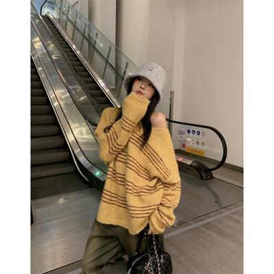 Autumn New Women's Clothing Off-the-shoulder Loose and Lazy Contrasting Color Striped Pullover Sweater Women's Long-sleeved Knitted Sweater
