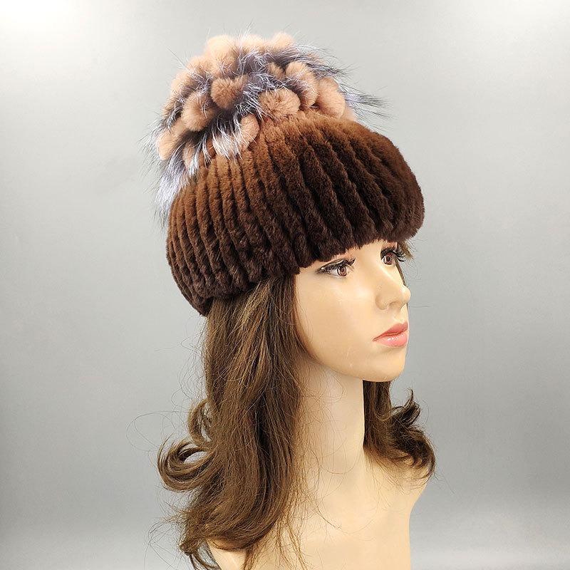New Rex Rabbit Hair Hat Women's Winter Thickened Warm Fashion Versatile Elastic Fur Woven Hand-sewn Knitted Hat