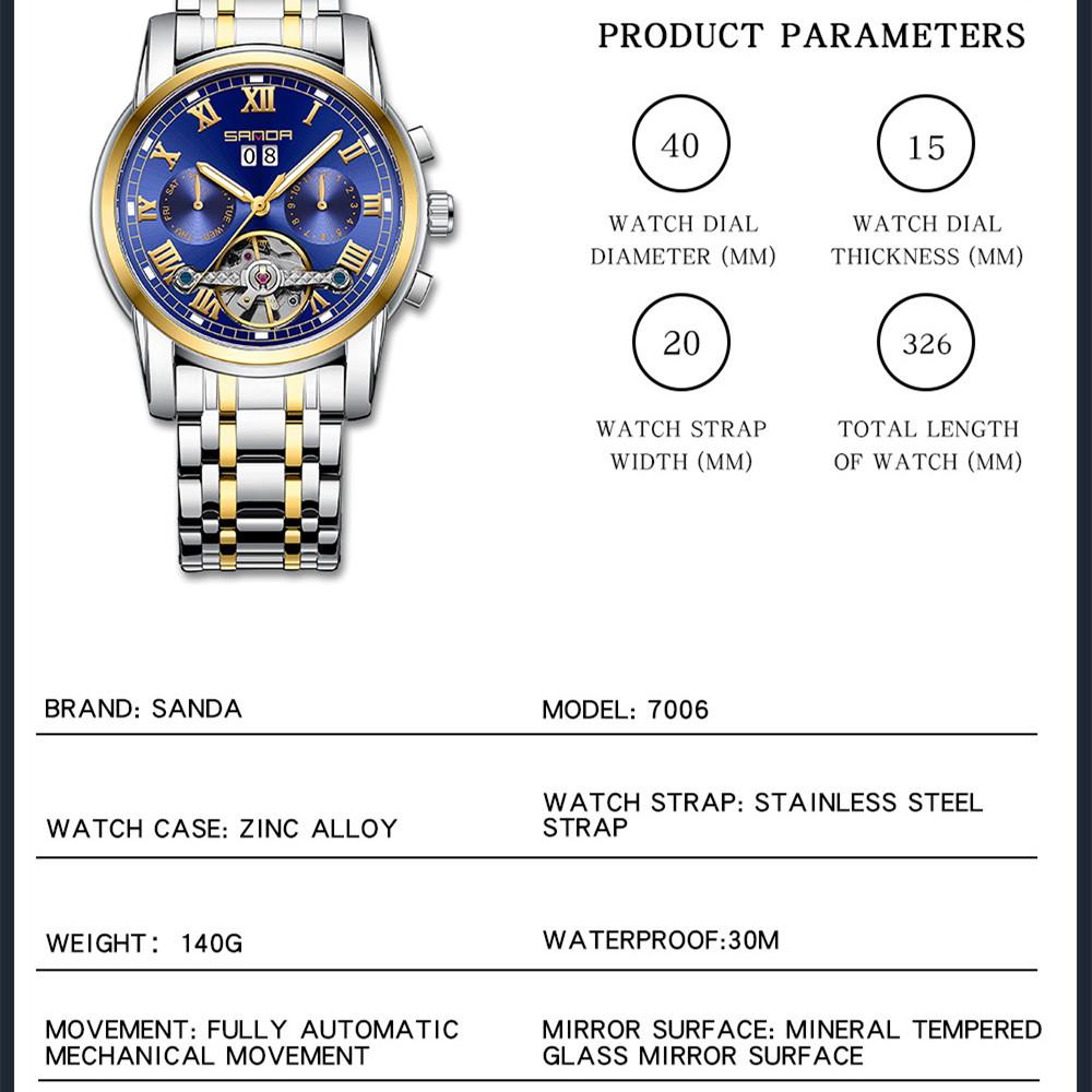 SANDA New Arrival Men's Fully Automatic Mechanical Steel Band Quartz Watch Fashion Calendar Skeleton Men's Watch