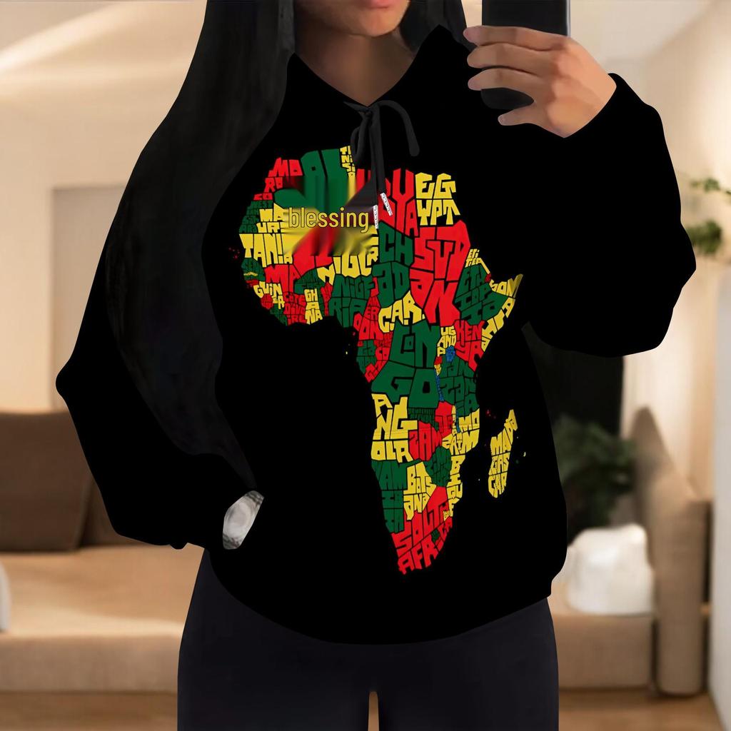 European & American Women's Casual Printed Black Hooded Sweatshirt with Patch Pocket - Drawstring MH612